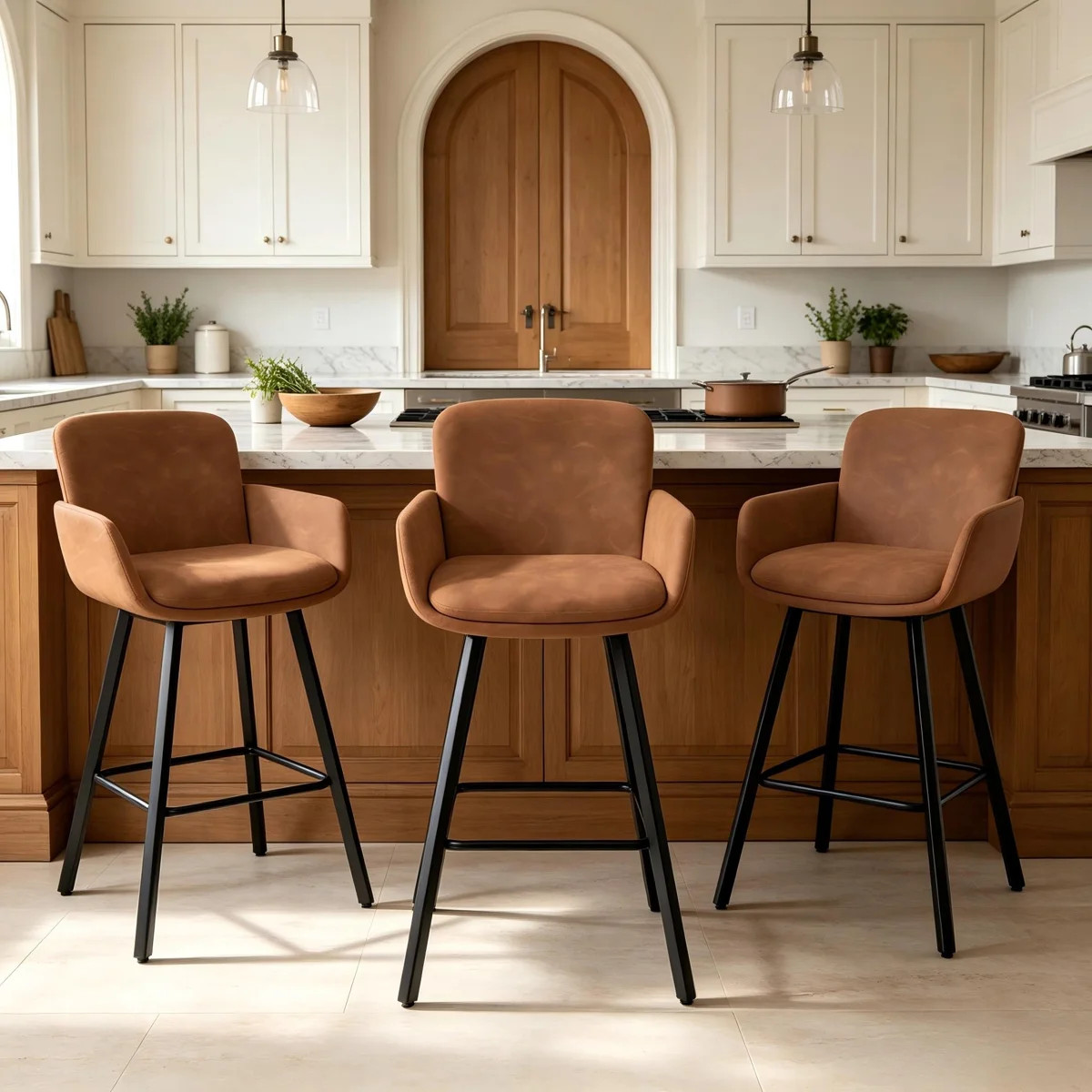 Nicola Swivel Upholstered Bar Stool with Metal Frame  (Set of 3) | Wayfair North America