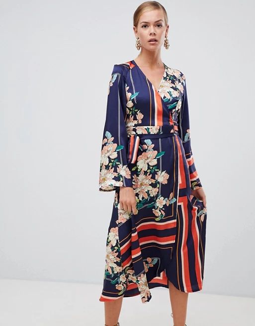 Boohoo kimono sleeve midi dress in mixed stripe and floral print | ASOS UK