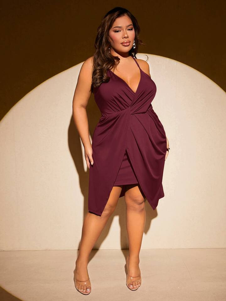 SHEIN Belle Plus Solid Criss Cross Backless Wrap Hem Cami Dress | SHEIN