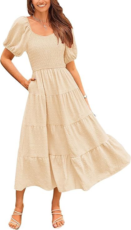 PRETTYGARDEN Women's Summer Casual Midi Dress Puff Sleeve Swiss Dot Long Flowy A Line Dresses | Amazon (US)