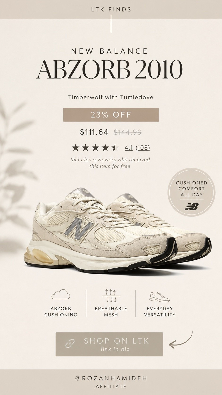 New Balance ABZORB 2010 🤍👟 The neutral sneaker I can already picture with everything — leggings, denim, trousers, you name it.

The Timberwolf + Turtledove colorway is so good, and it’s currently 23% off — $111.64 (was $144.99). 👀

#LTKfitnessgoals #LTKActive #LTKSaleAlert