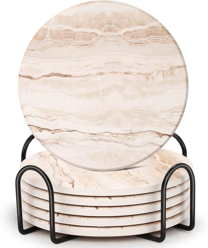 Acejoz Drink Coasters Set of 6, Absorbent Coaster for Coffee Table Decor, Marble Style Ceramic Co... | Amazon (US)