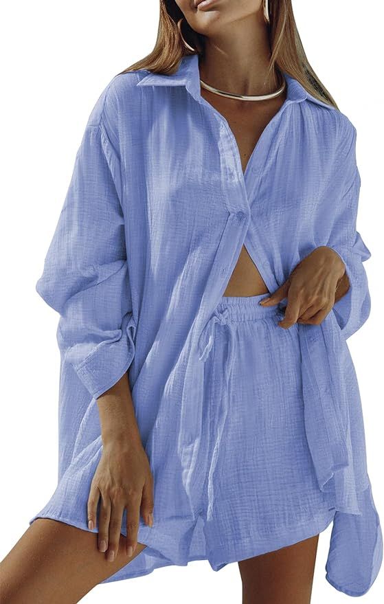 Fixmatti Women 2 Piece Outfits Long Sleeve Button Down Blouse and Shorts Sweatsuit Sets | Amazon (US)