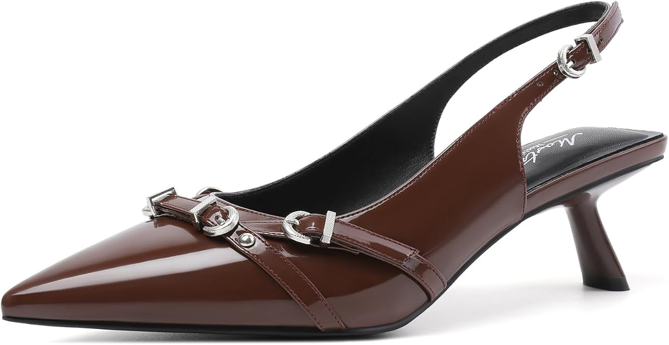 Mostrin Kitten Heels for Women Pointed Toe Pumps Patent Leather Low Heel Slingback Heels with Buc... | Amazon (US)
