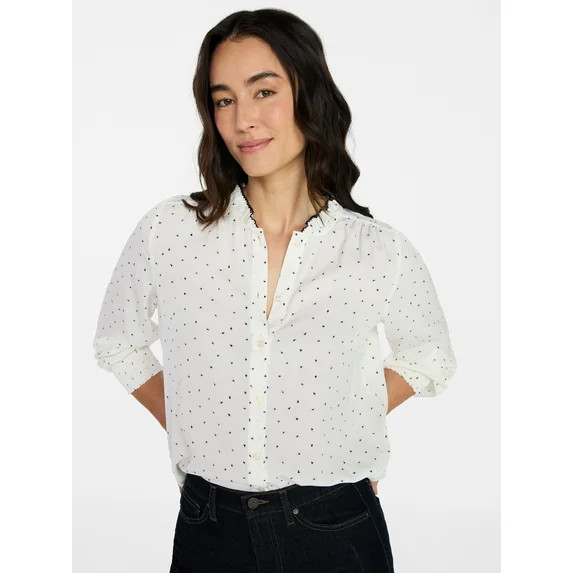 Time and Tru Women's Ruffle Button Down Blouse with Long Sleeves, Sizes XS-XXXL | Walmart (US)