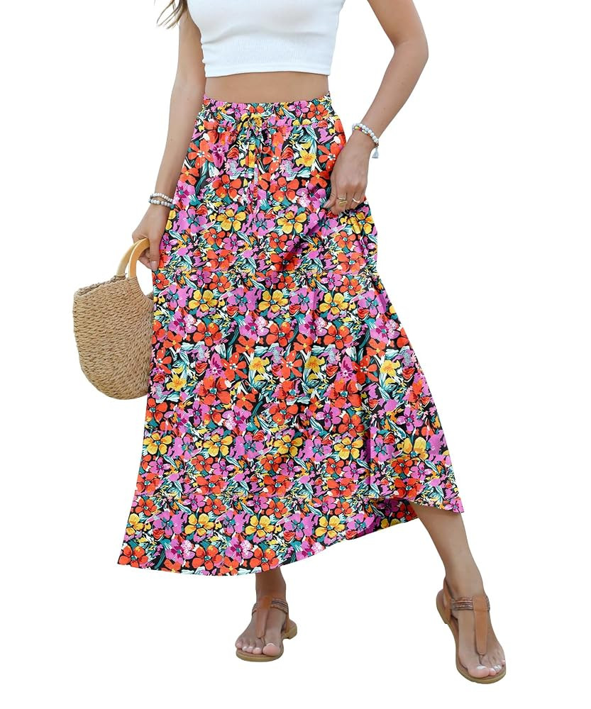 Women Maxi Skirt Long Flowy Pleated High Waisted with Pockets Summer Casual Elastic Waist A-Line ... | Amazon (US)