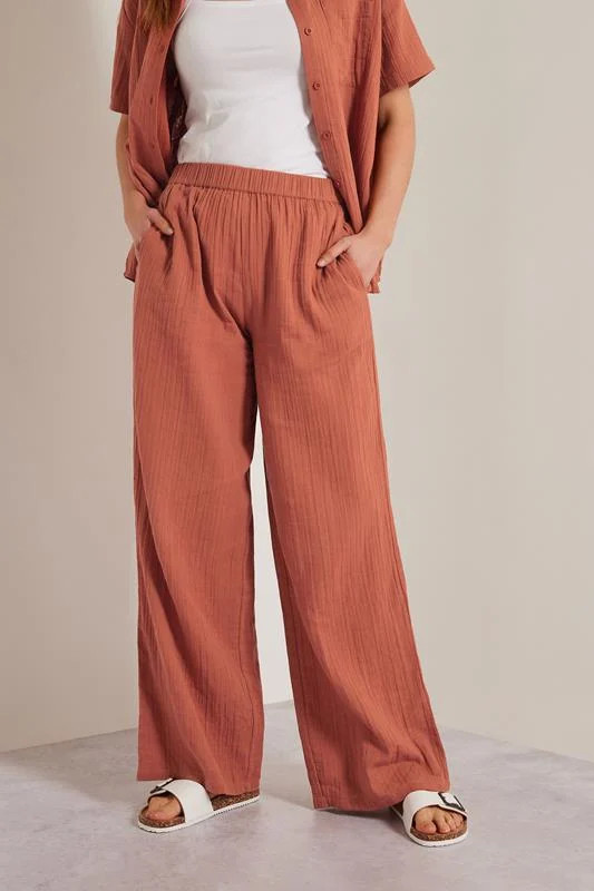 LTS Tall Rust Orange Cotton Cheescloth Wide Leg Trousers | Long Tall Sally