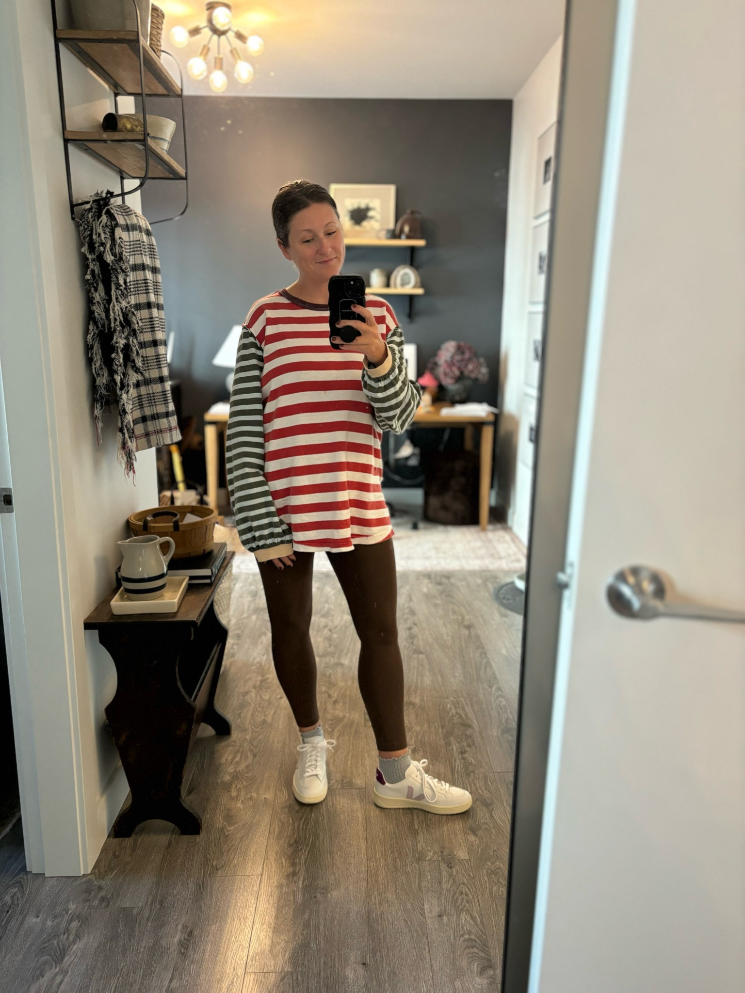 Casual weekend outfit! 👏🏻 I cannot stop wearing this Sawyer Stripe Tee top from Free People (wearing an xs). It’s so comfortable, oversized, and cozy. Add some Lululemon Align leggings (the brown espresso is my new fave color) and cute Veja sneakers, and you’ve got yourself the perfect cozy fall outfit. #ootd #wiw 

#LTKSaleAlert #LTKFindsUnder100 #LTKMidsize