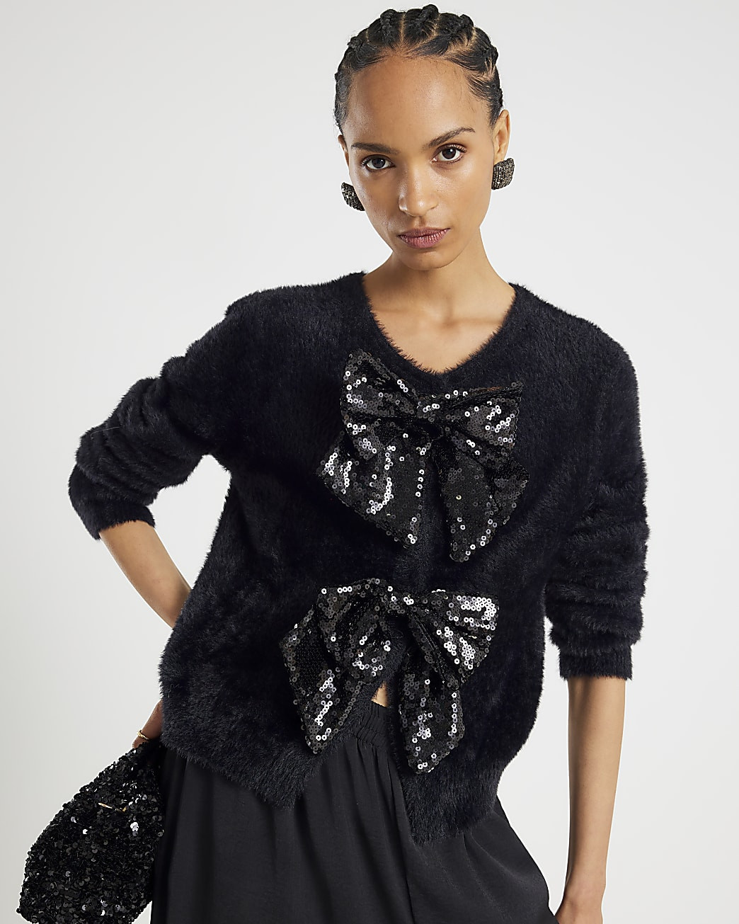 Black Long Sleeve Sequin Bow Fluffy Cardigan | River Island UK & IE
