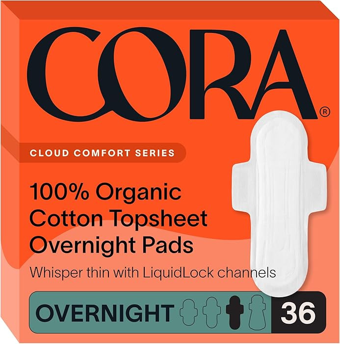 Cora 100% Organic Cotton Topsheet Pads (36 Overnight Pads) | Amazon (US)