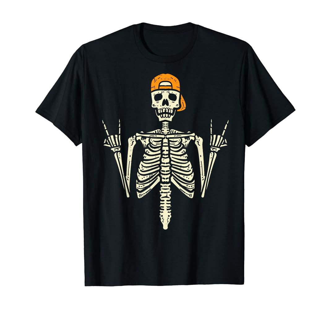 Rocker Skeleton Cap Skater Cool Halloween Punk Rock Men Boys T-Shirt | Amazon (US)