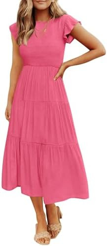 ZESICA Women's 2026 Summer Casual Flutter Short Sleeve Crew Neck Smocked Elastic Waist Tiered Mid... | Amazon (US)