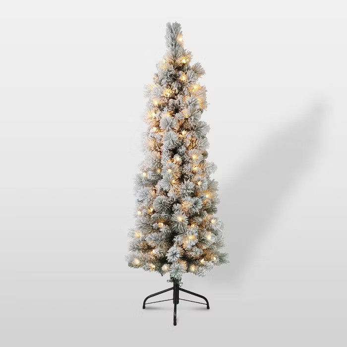 4.5ft Pre-Lit Flocked Portland Pencil Artificial Christmas Pine Tree - Puleo | Target