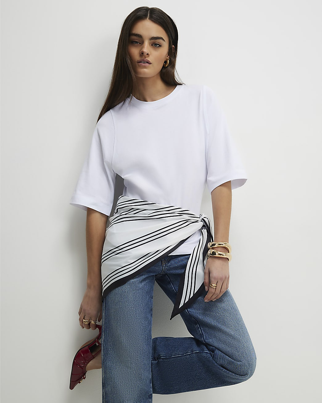 White Short Sleeve Scarf Mix T-Shirt | River Island UK & IE