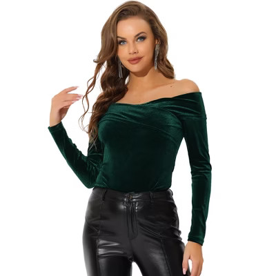 INSPIRE CHIC Women's Velvet Slim Fit Long Sleeve Off-Shoulder Blouse Large Dark Green | Target