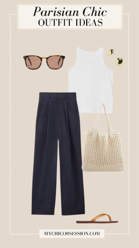 Style this look with basics that you probably already have in your closet: a high-neck white tank top and high-waisted trouser pants.

Add in texture and pattern with your accessorize. A pair of leather flip-flops are perfect for those days when you don’t want to wear heels. Finish the look with a macrame-style tote bag for an organic touch, gold earrings for a hint of metallic elements, and a chic pair of tortoiseshell sunglasses.

#LTKSeasonal #LTKStyleTip