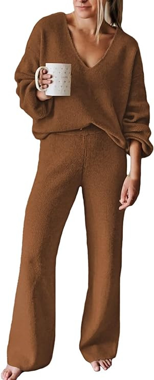 AOHITE Womens 2 Piece Outfits Casual V-neck Knit Pullover Sweater Wide Leg Pants Sleepwear Lounge... | Amazon (US)
