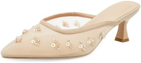 Women Kitten Heel Mules Crystal Flower Decor Mesh Pointed Toe Low Heel Casual Pumps | Amazon (US)