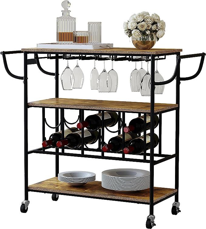 Gadroad ,Serving cart & Bar cart with Wine Rack and Glass Holder , 3-Tier bar Serving cart with L... | Amazon (US)