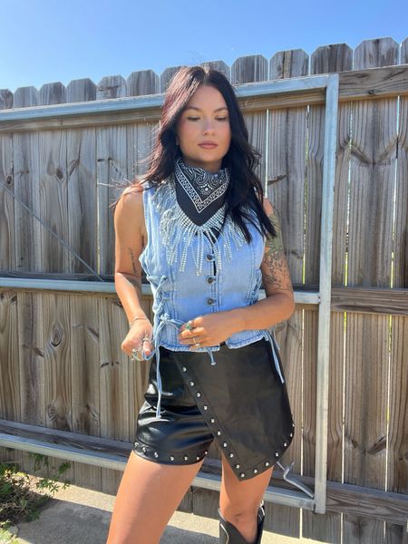 Leather skirt paired with denim vest, bandana, and black boots! LORI20 to save

#LTKfindsunder100 #LTKstyletip #LTKFestival