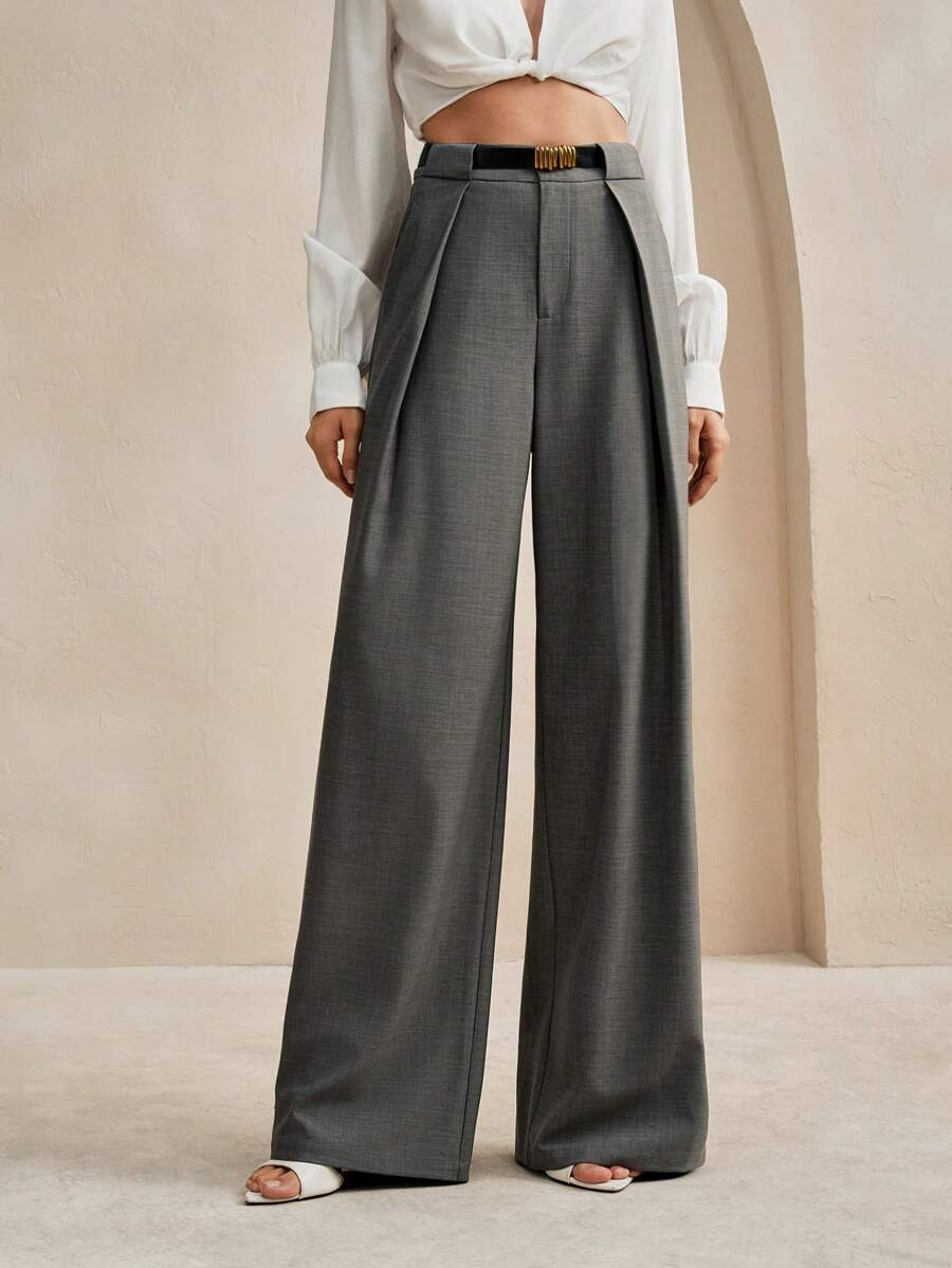Anewsta Ladies' Deep Gray Wide Leg Pants, Simple And Minimalist, On For Commuting In The City | SHEIN