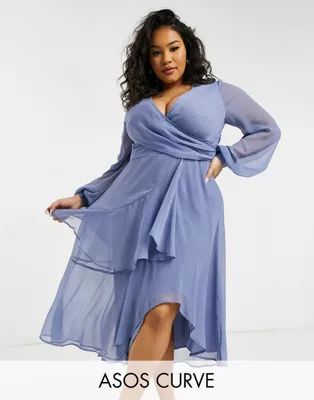 ASOS DESIGN Curve wrap waist midi dress with double layer skirt and long sleeves in light blue | ASOS (Global)