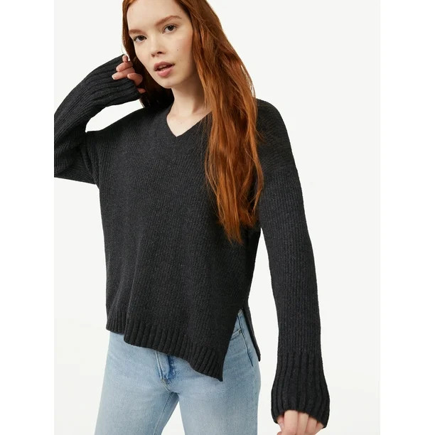 Free Assembly Women's Oversized V-Neck Fuzzy Cotton Sweater - Walmart.com | Walmart (US)