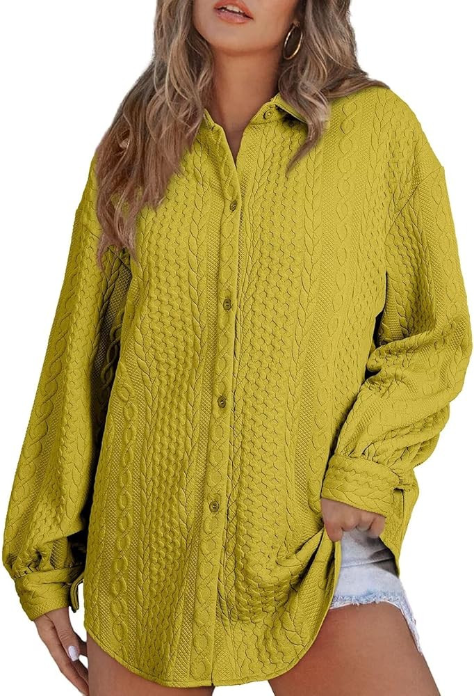 Astylish Women Long Lantern Sleeve Shirts Cable Textured V Neck Button Down Tops Casual Oversized... | Amazon (US)