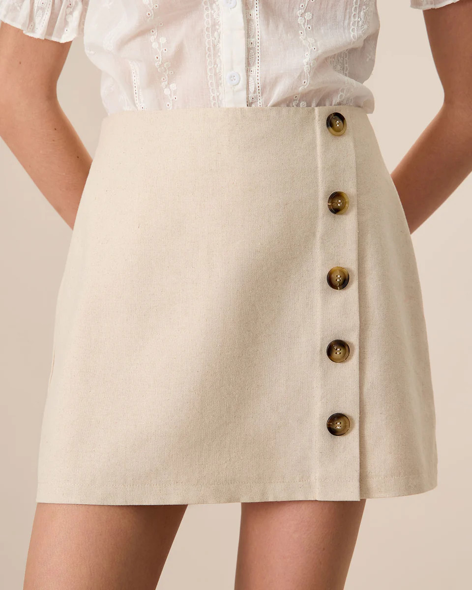 Women's Beige High-Waisted Cotton Button Mini Skirt | rihoas.com