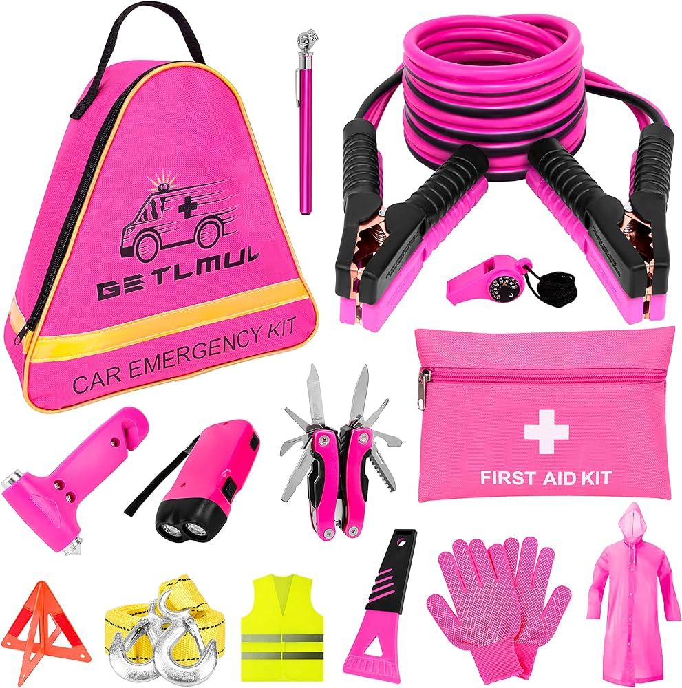 GETLMUL Pink Car Emergency Kit, Premium Roadside Emergency Car Accessories Kit with Jumper Cables... | Amazon (US)