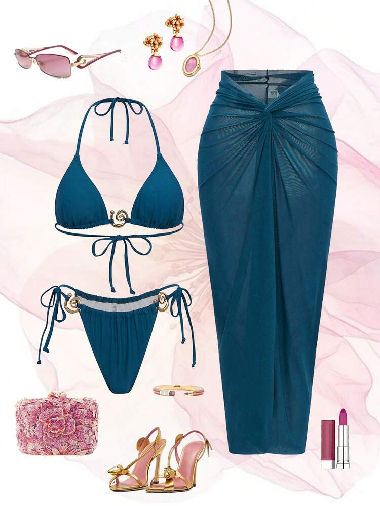 Swim Oasis 2026 New Sexy Bikini 3 Pieces Set, Bandage Low Waist With Mesh Skirt Women Vacation Outfit Sets Pool Outfits For Woman Women's Beach Outfits Women's Bikini And Coverup | SHEIN