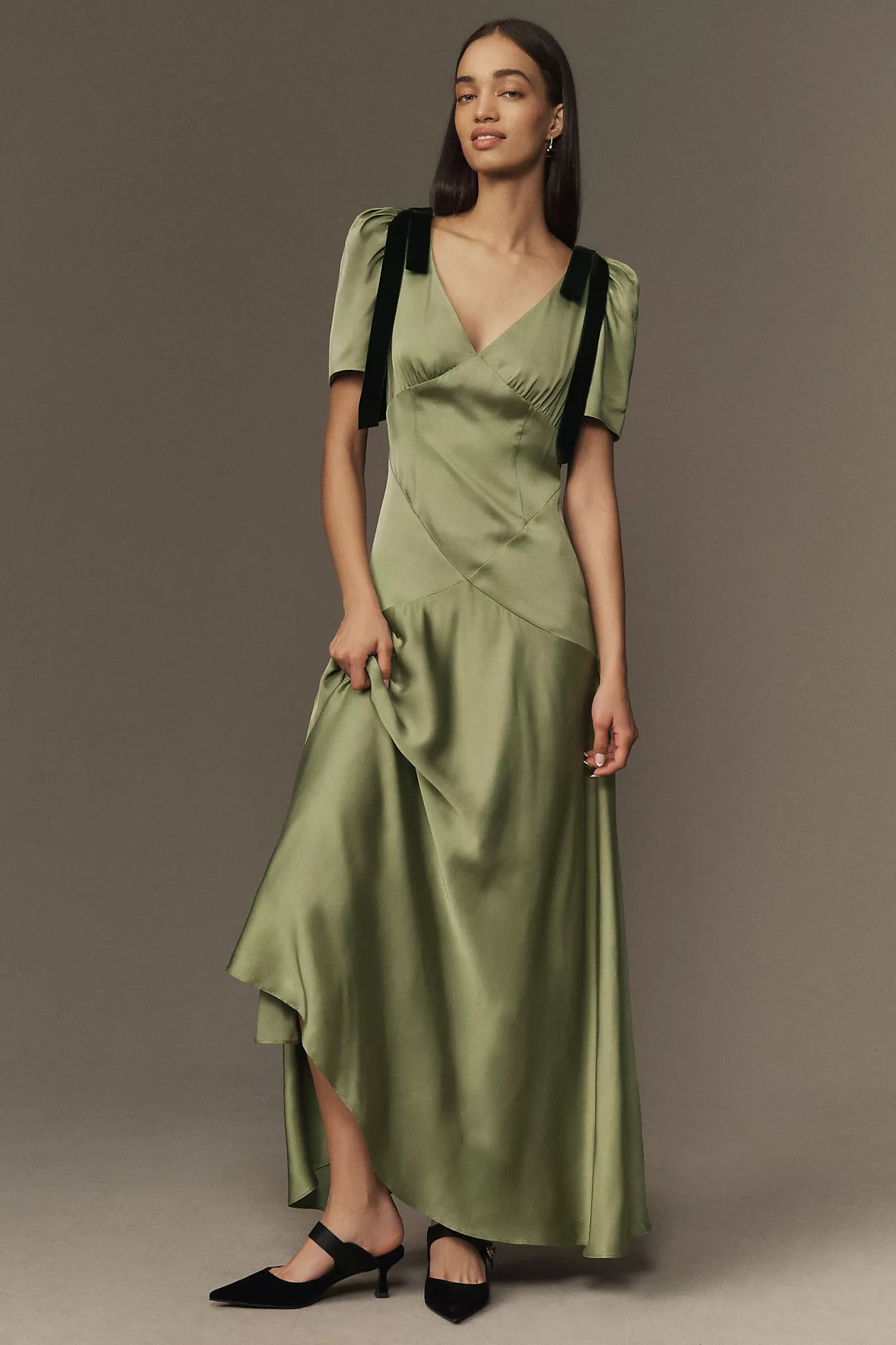 Mare Mare Bree Puff-Sleeve V-Neck Satin Slip Midi Dress | Anthropologie (US)