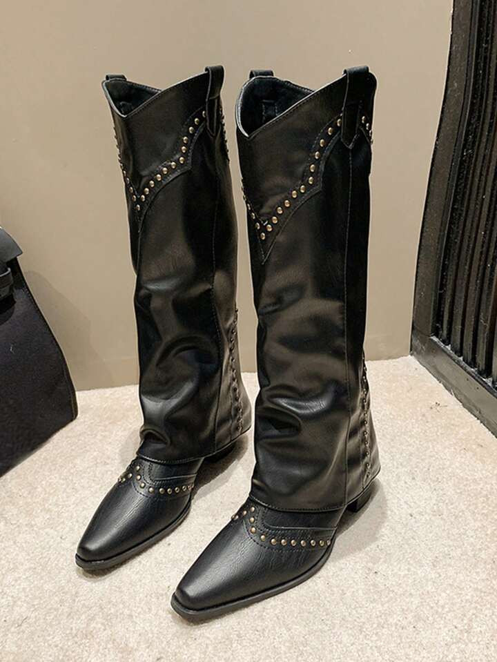 Vintage Riveted High Tube Boot, French Western And Knight-Style Women's Boot, All-Match Style For Short Statured Women | SHEIN