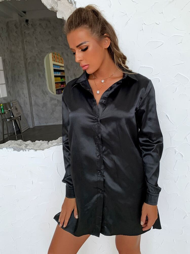Joyfunear Button Front Satin Shirt Dress | SHEIN