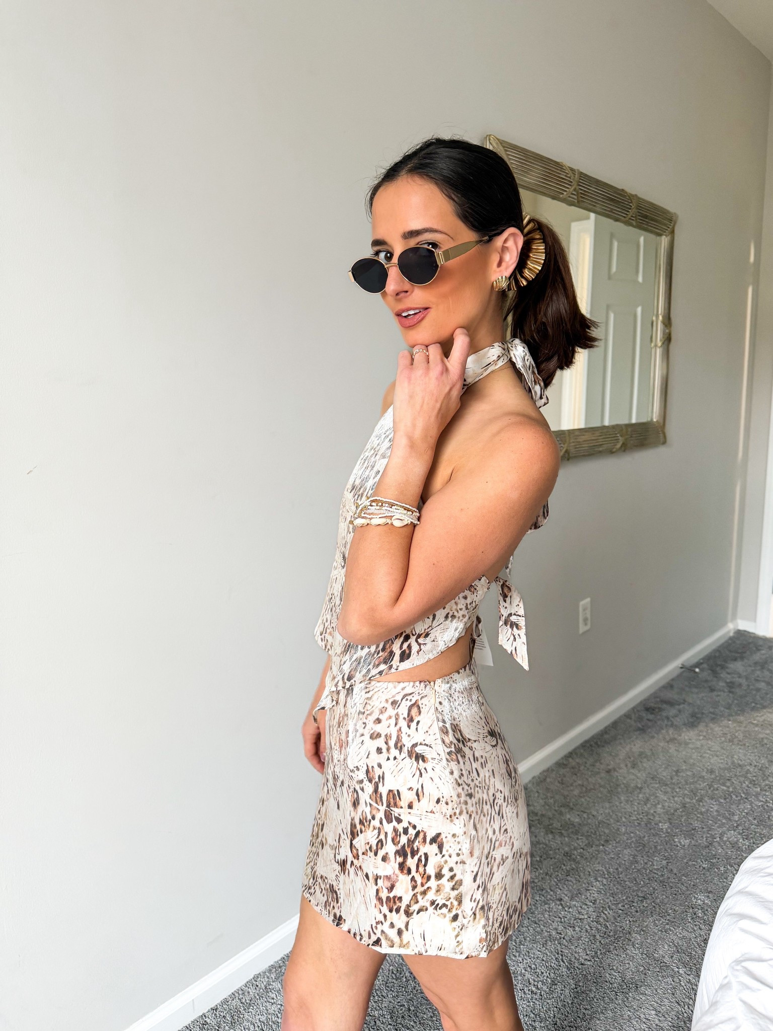 Printed set, open back! Ready for Miami! Accessories with gold beachy pieces. wearing size small for reference as the silky fabric does not give. Side zipper detail

#LTKFestival #LTKootd #LTKTravel