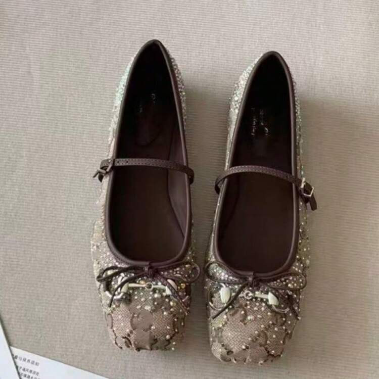 Women 2026 Vintage Printed Mary Jane Flats, Square Toe Rhinestone Bow One\u2011Strap Buckle Shall... | SHEIN