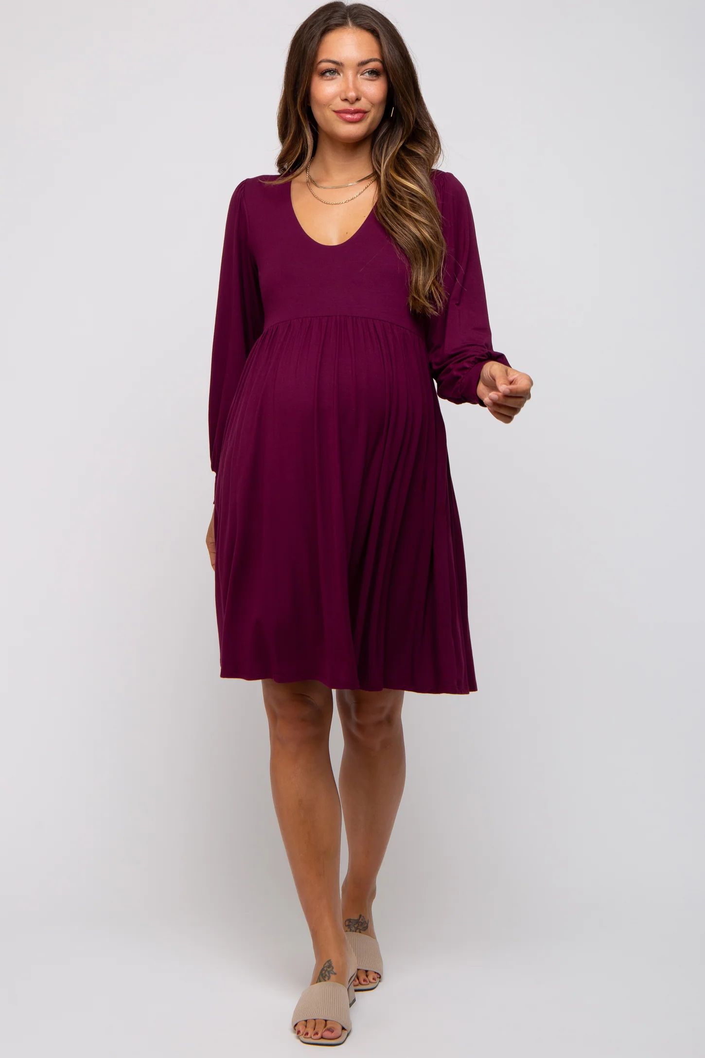 Burgundy Long Puff Sleeve Maternity Dress | PinkBlush Maternity