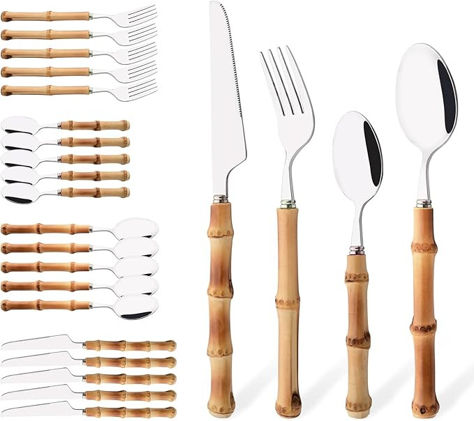 Bamboo Silverware Ser, 24-Piece Natural Bamboo Flatware Cutlery Set for 6, Stainless Steel Silver... | Amazon (US)