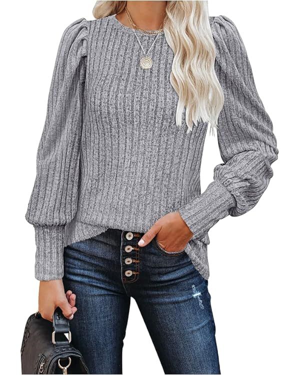 MIHOLL Women's Puff Long Sleeve Shirts Casual Knit Blouses Crew Neck Elegant Tunic Tops | Amazon (US)
