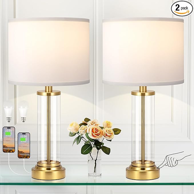 Gold Bedroom Lamps Set of 2 - Touch Bedside Lamp for Night Stands with USB C+A, 3 Way Dimmable Ni... | Amazon (US)