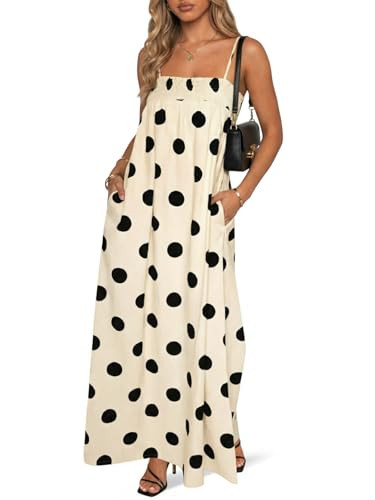 Wenrine Womens Summer Polka Dot Maxi Dress Casual Spaghetti Strap Smocked Loose Vacation Beach Dresses with Pockets | Amazon (US)