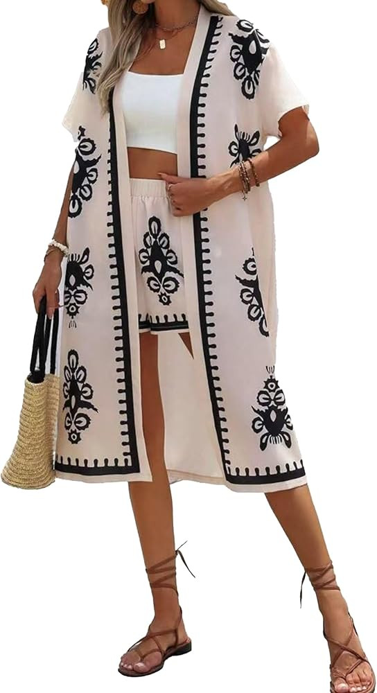 Women Boho Tropical Print Beach Cover Up Shorts Set 2 Piece Summer Lounge Outfit Lightweight Swim... | Amazon (US)