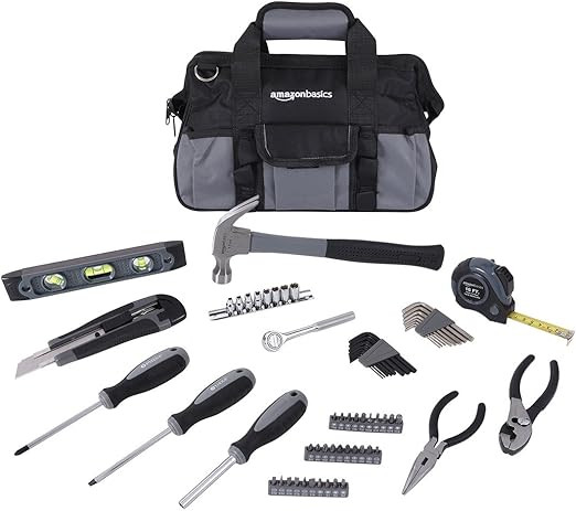 Amazon Basics 65 Piece Home Basic Repair Tool Kit Set With Bag, Silver, Black | Amazon (US)