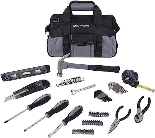 Amazon Basics 65 Piece Home Basic Repair Tool Kit Set With Bag, Silver, Black | Amazon (US)