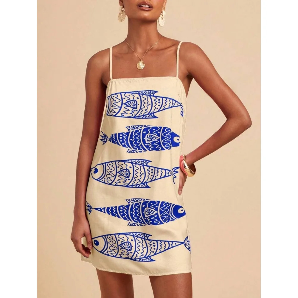 Blue Sleeveless Woven Mini Dress With Tribal Fish Print, Boho Beach Sundress For Women | Walmart (US)