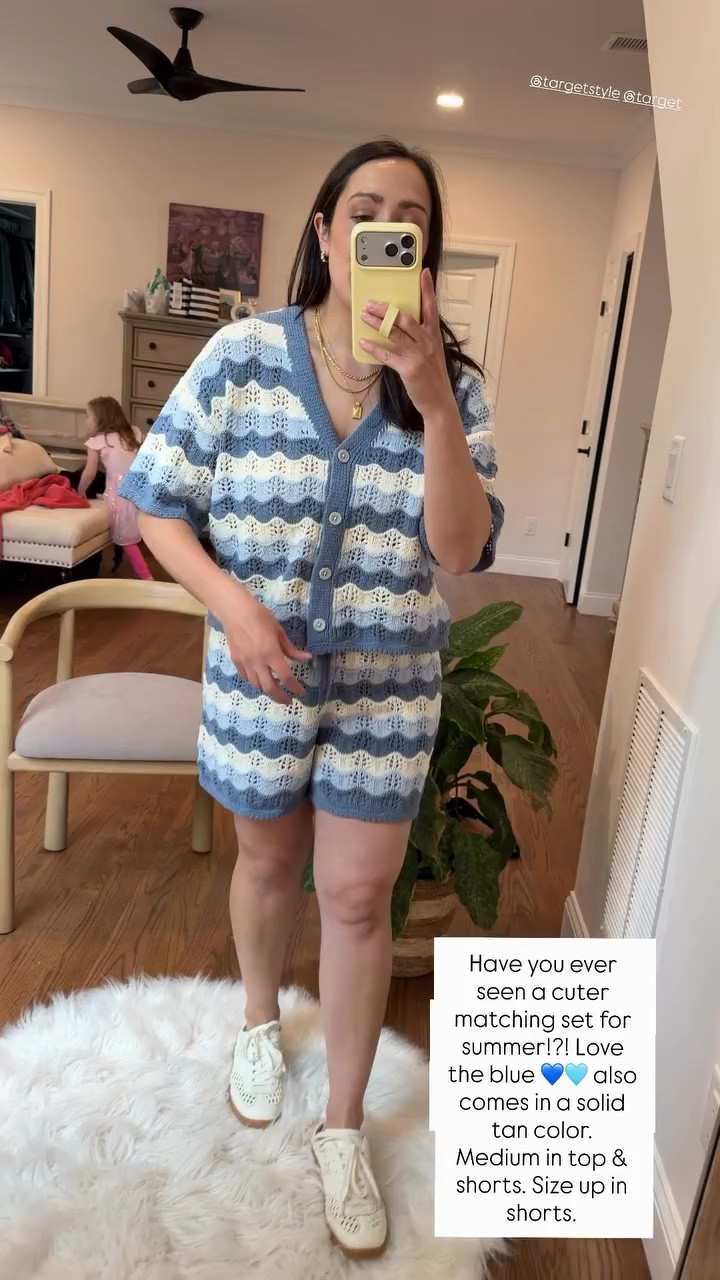 Have you ever seen a cuter matching set for summer!?! Love the blue 💙🩵 also comes in a solid tan color. Medium in top & shorts. Size up in shorts.  @targetstyle @target