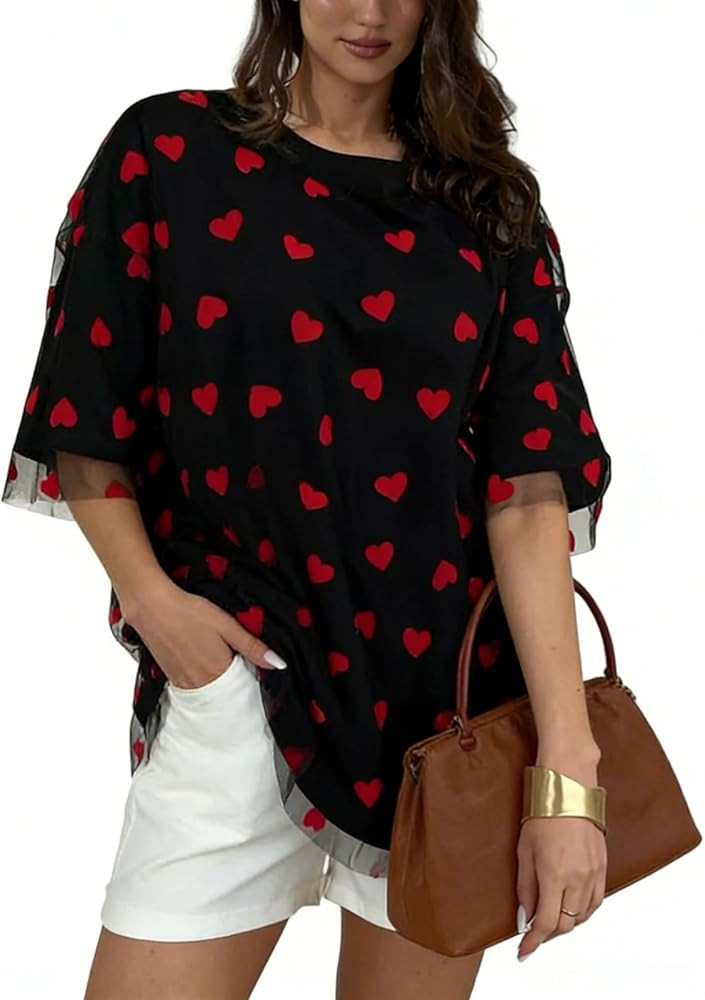 Women Cute Valentines Day Shirts Short Sleeve Crew Neck Heart Printed Layered Mesh Oversized Tee ... | Amazon (US)