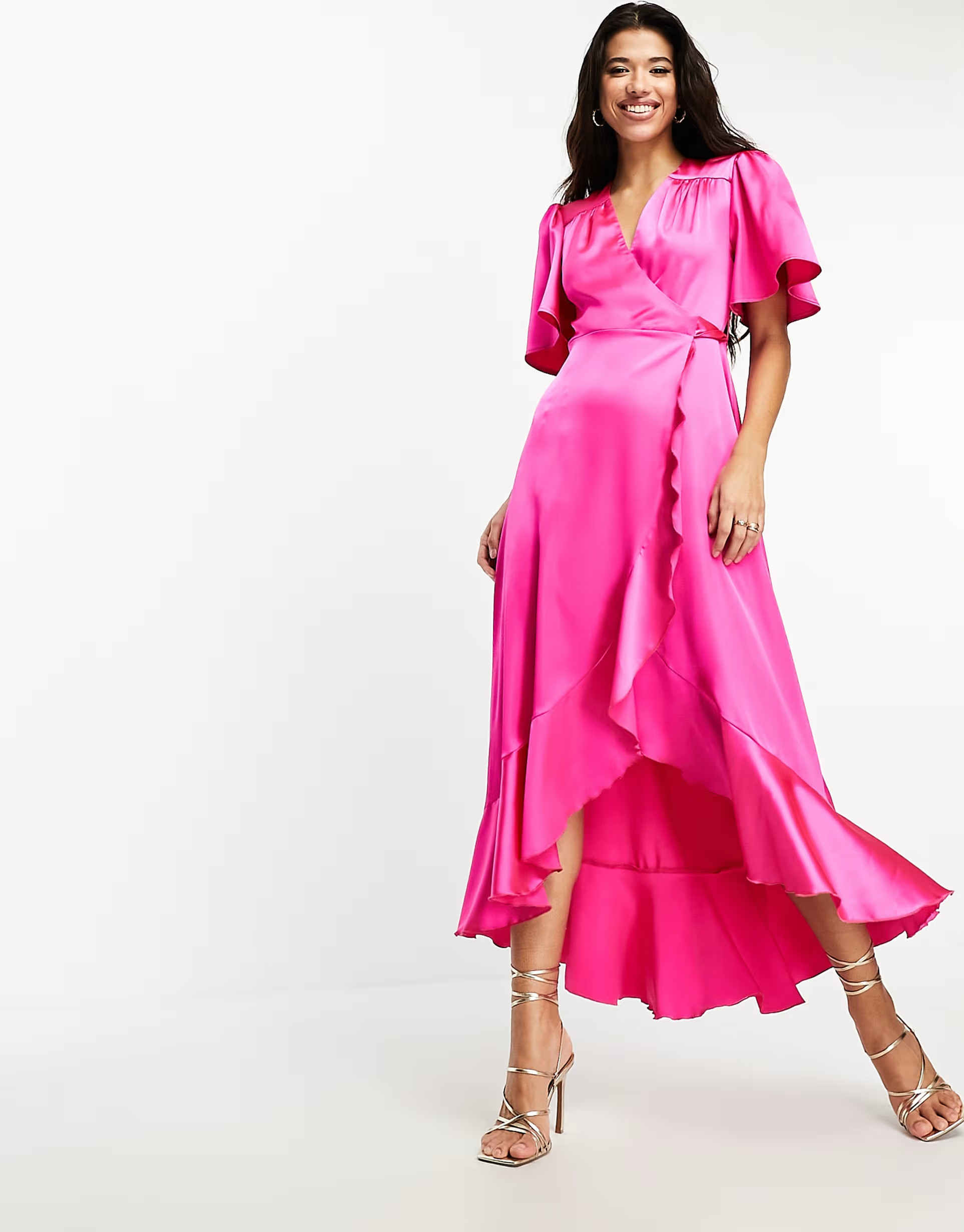 Flounce London flutter sleeve wrap front satin maxi dress in fuchsia pink | ASOS (Global)