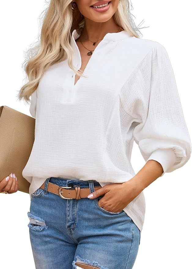 Astylish Women Henley Shirts 2024 Lantern Sleeve Top V-Neck Button Pleated Texture Basic Blouses | Amazon (US)