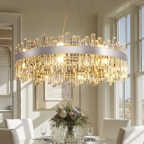 Tinkoso Modern Dining Room Crystal Chandelier, 16-Light Chrome Silver Round Chandelier, 31.5-inch K9 Crystal Raindrop Ceiling Light, Luxury Flush Mount Light Fixture for Kitchen Living Room Entryway | Amazon (US)